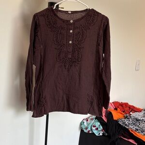 Cost Plus World Market Buttoned Embroidered Blouse - Dark Brown